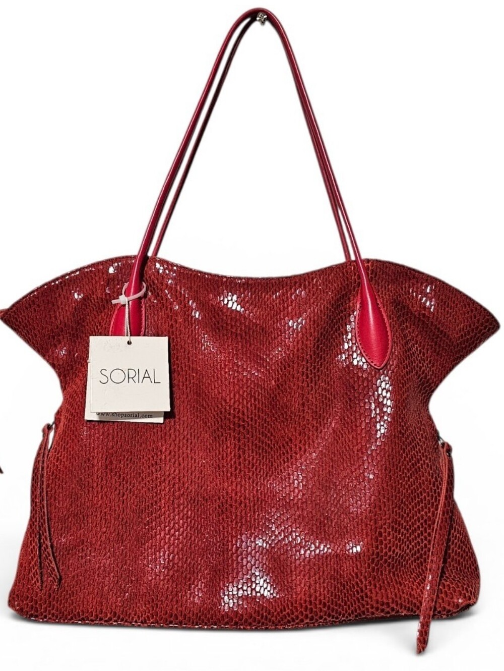 Sorial Crimson Rubina Bijou Velvety Soft Snake Embossed Leather Tote NWT